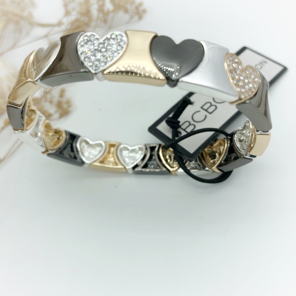 Crystal & Tri-Tone Hearts Stretch Bracelet